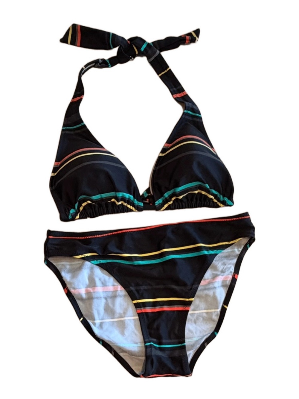XHILARATION Black Halter Style Multicolor Stripe Bikini